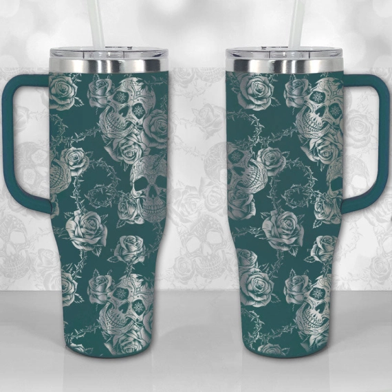 Sugar Skull and Roses Full Wrap Pattern  30oz or 40oz Tumbler with Handle, Best Gifts NVA