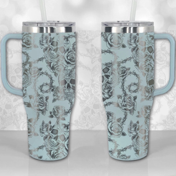 Sugar Skull and Roses Full Wrap Pattern  30oz or 40oz Tumbler with Handle, Best Gifts NVA
