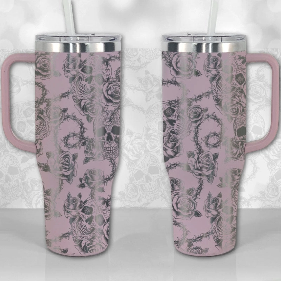Sugar Skull and Roses Full Wrap Pattern  30oz or 40oz Tumbler with Handle, Best Gifts NVA