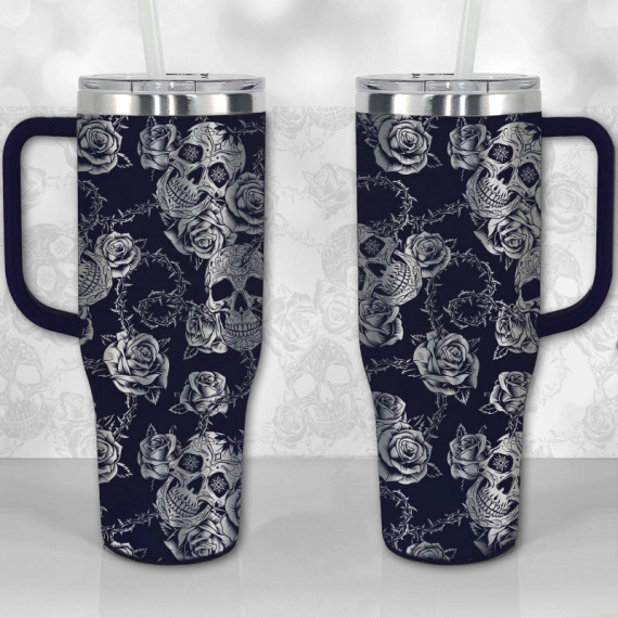 Sugar Skull and Roses Full Wrap Pattern  30oz or 40oz Tumbler with Handle, Best Gifts NVA