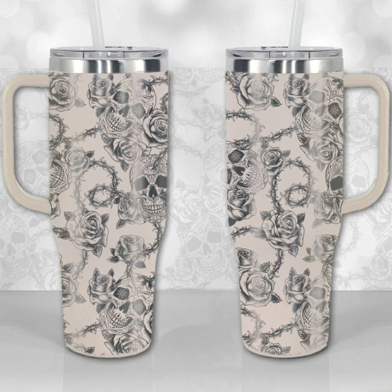 Sugar Skull and Roses Full Wrap Pattern  30oz or 40oz Tumbler with Handle, Best Gifts NVA