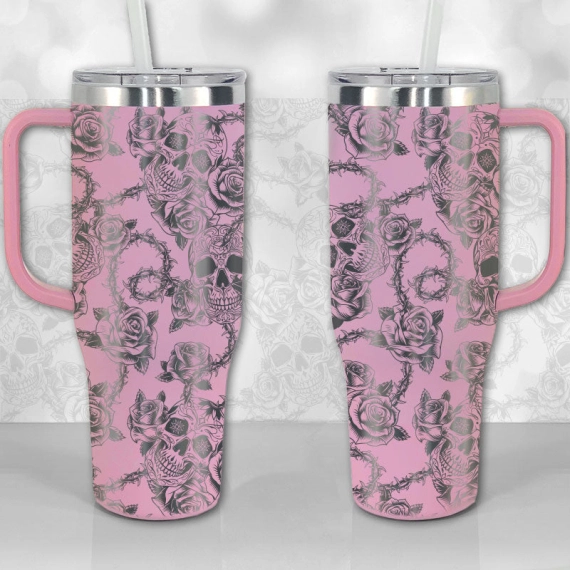 Sugar Skull and Roses Full Wrap Pattern  30oz or 40oz Tumbler with Handle, Best Gifts NVA
