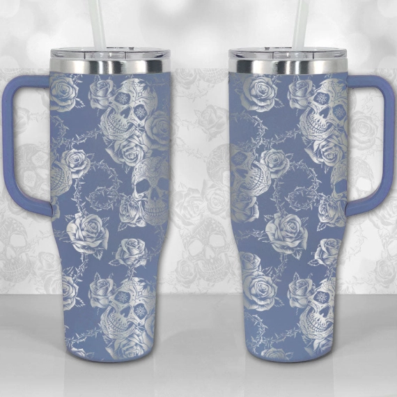 Sugar Skull and Roses Full Wrap Pattern  30oz or 40oz Tumbler with Handle, Best Gifts NVA