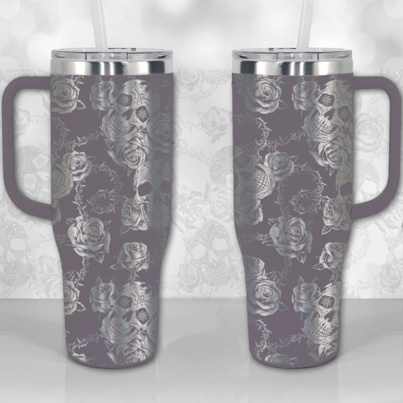 Sugar Skull and Roses Full Wrap Pattern  30oz or 40oz Tumbler with Handle, Best Gifts NVA