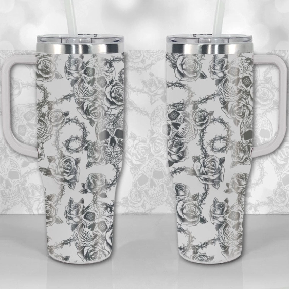 Sugar Skull and Roses Full Wrap Pattern  30oz or 40oz Tumbler with Handle, Best Gifts NVA