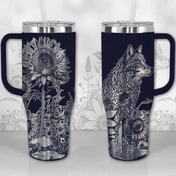Wolf and Sunflowers  30oz or 40oz Tumbler with Handle, Best Gifts NVA