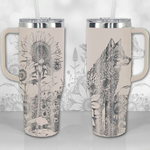 Wolf and Sunflowers  30oz or 40oz Tumbler with Handle, Best Gifts NVA