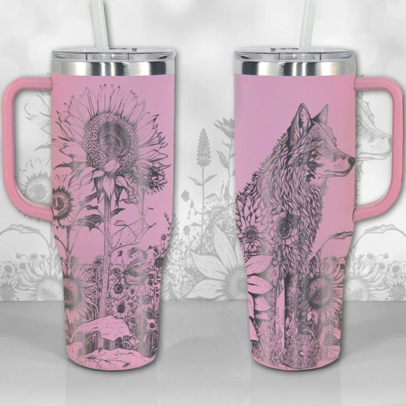 Wolf and Sunflowers  30oz or 40oz Tumbler with Handle, Best Gifts NVA