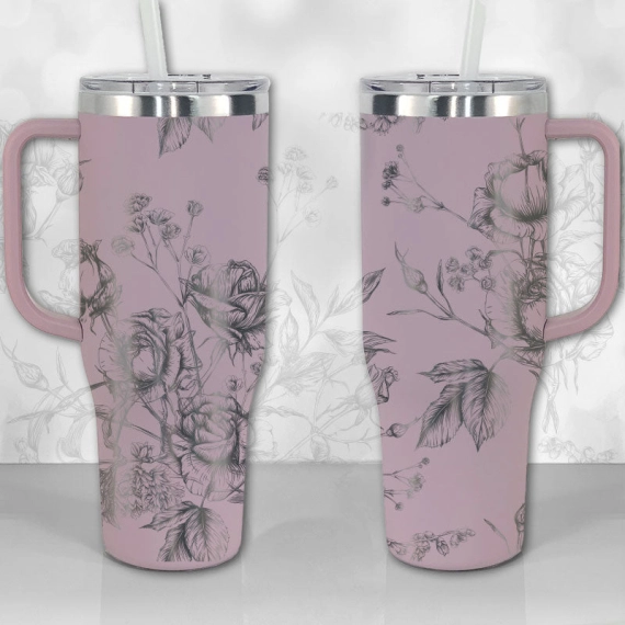Wild Roses and Flowers Line Art Pattern  30oz or 40oz Tumbler with Handle, Best Gifts NVA