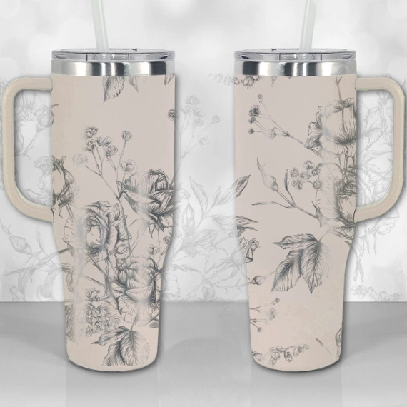 Wild Roses and Flowers Line Art Pattern  30oz or 40oz Tumbler with Handle, Best Gifts NVA