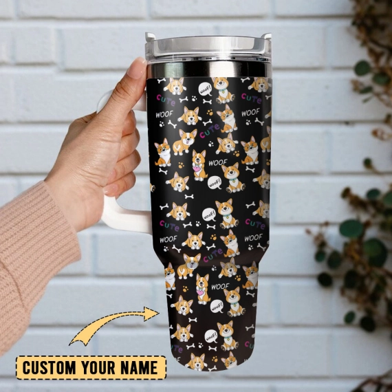 Cute Corgi Anime Custom  Quencher 30oz or 40oz Stainless Steel Tumbler With Handle,  Best gifts for Friend Family NVA