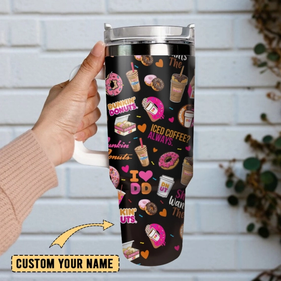 Dunkin Donuts Iced Coffee Custom  Quencher 30oz or 40oz Stainless Steel Tumbler With Handle,  Best gifts for Friend Family NVA