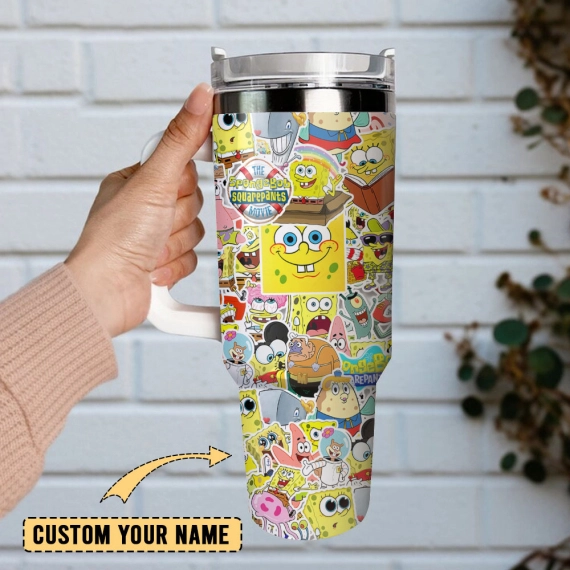 The SpongeBob SquarePants Cartoon Custom  Quencher 30oz or 40oz Stainless Steel Tumbler With Handle, Best gist for Friend Family NVA