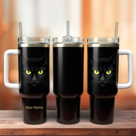 Black Cat Artwork Custom Stanley Quencher 30oz or 40oz Stainless Steel Tumbler With Handle HG