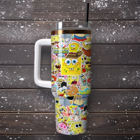 The SpongeBob SquarePants Cartoon Custom  Quencher 30oz or 40oz Stainless Steel Tumbler With Handle, Best gist for Friend Family NVA