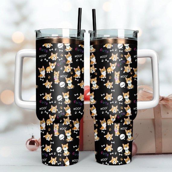Cute Corgi Anime Custom  Quencher 30oz or 40oz Stainless Steel Tumbler With Handle,  Best gifts for Friend Family NVA
