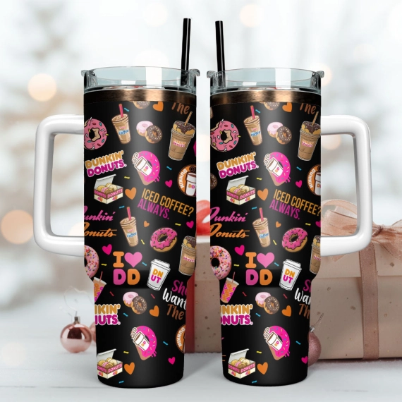 Dunkin Donuts Iced Coffee Custom  Quencher 30oz or 40oz Stainless Steel Tumbler With Handle,  Best gifts for Friend Family NVA