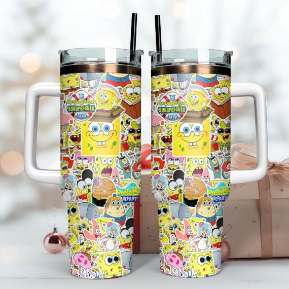 The SpongeBob SquarePants Cartoon Custom  Quencher 30oz or 40oz Stainless Steel Tumbler With Handle, Best gist for Friend Family NVA