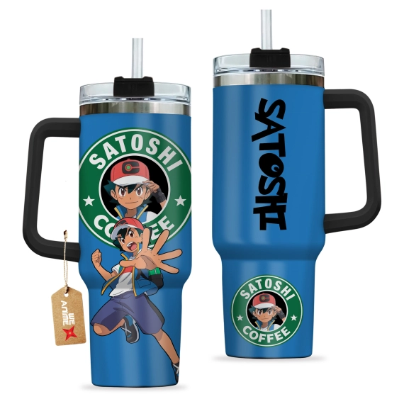 Ash Ketchum Satoshi Coffee Pokemon Anime Custom 30oz or 40oz Quencher Stainless Steel Tumbler With Handle, Best Gift Idea NVA