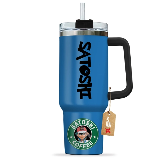 Ash Ketchum Satoshi Coffee Pokemon Anime Custom 30oz or 40oz Quencher Stainless Steel Tumbler With Handle, Best Gift Idea NVA