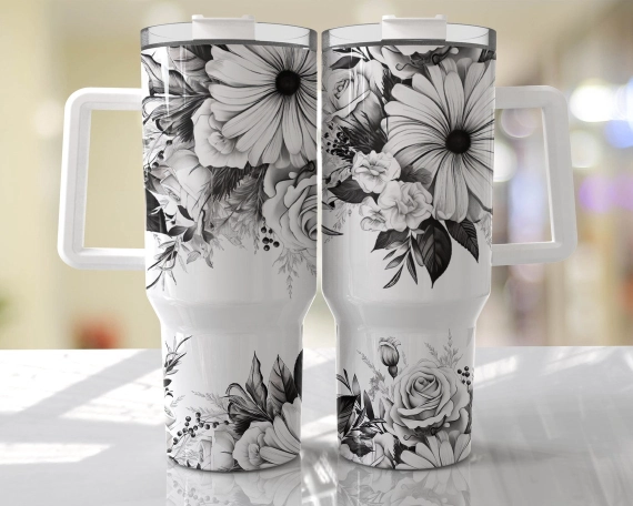 Black and White  Floral Seamless 30oz or 40oz Tumbler HG