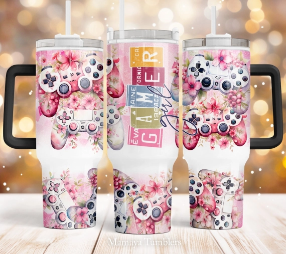 Gamer girl 30oz or 40oz Quencher Tumbler Gift For Her Him Birthday Gift LN Flowers Video game controller Waterslide
