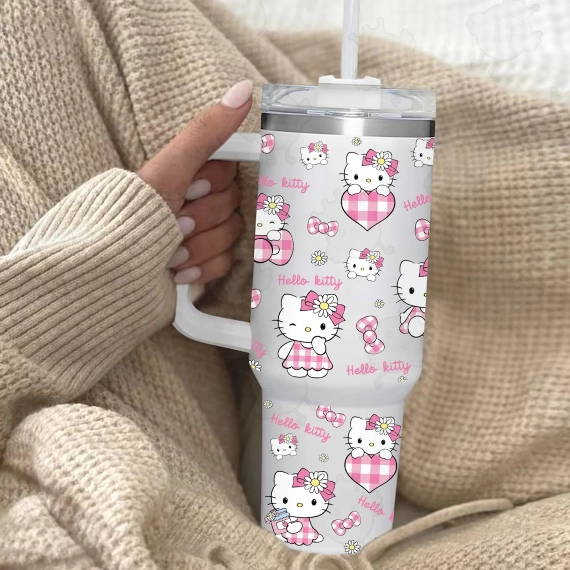 Pink Floral Cat Tumbler, Cartoon Movies, Mother Day 40oz Quencher Tumbler, 30oz or 40oz Tumbler with Handle, Birthday Anniversary Tumbler Gift HFN