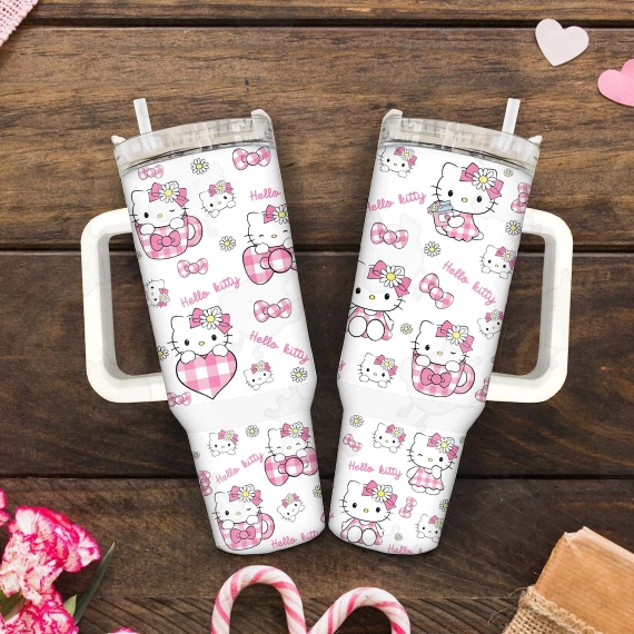 Pink Floral Cat Tumbler, Cartoon Movies, Mother Day 40oz Quencher Tumbler, 30oz or 40oz Tumbler with Handle, Birthday Anniversary Tumbler Gift HFN