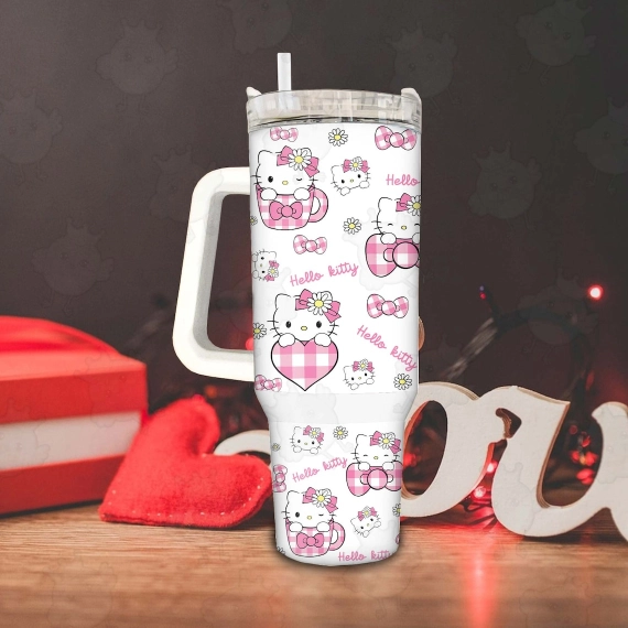 Pink Floral Cat Tumbler, Cartoon Movies, Mother Day 40oz Quencher Tumbler, 30oz or 40oz Tumbler with Handle, Birthday Anniversary Tumbler Gift HFN
