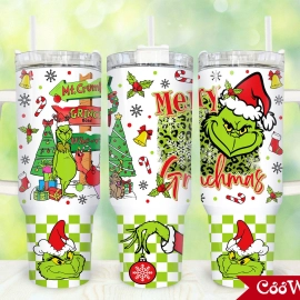 Merry Grinchmas Cartoon 30oz or 40oz Tumbler with Handle, Chrismas Gift for Grinch Fan Birthday Anniversary Tumbler Gift HFN
