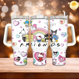 Hug Me Friends Hello Kitty Cats Valentine 30oz or 40oz Quencher Tumbler, Valentine Cartoon 40oz Tumbler, Pink Cat Tumbler, Valentine Movies Gift Tumbler HFN
