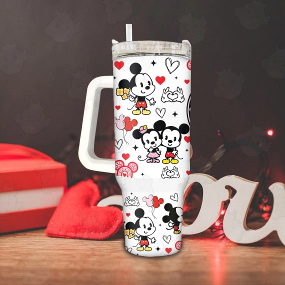 Glitter Disney Coffee Mickey and Minnie Valentine 30oz or 40oz Cartoon Quencher Tumbler with Handle, Birthday Anniversary Tumbler Gift, Cartoon Character Tumbler, Magic World Tumbler HFN