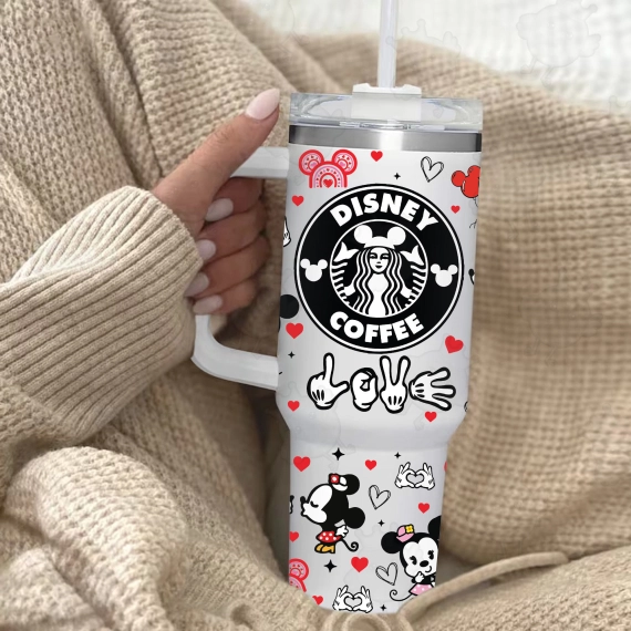 Glitter Disney Coffee Mickey and Minnie Valentine 30oz or 40oz Cartoon Quencher Tumbler with Handle, Birthday Anniversary Tumbler Gift, Cartoon Character Tumbler, Magic World Tumbler HFN