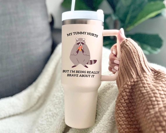 30oz or 40 oz funny raccoon tumbler, raccoon meme gift, my tummy hurts merch, 30oz or 40oz travel mug for him, viral raccoon gift for her, Coffee tumbler HFN