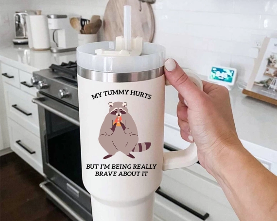 30oz or 40 oz funny raccoon tumbler, raccoon meme gift, my tummy hurts merch, 30oz or 40oz travel mug for him, viral raccoon gift for her, Coffee tumbler HFN