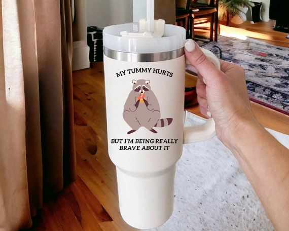 30oz or 40 oz funny raccoon tumbler, raccoon meme gift, my tummy hurts merch, 30oz or 40oz travel mug for him, viral raccoon gift for her, Coffee tumbler HFN