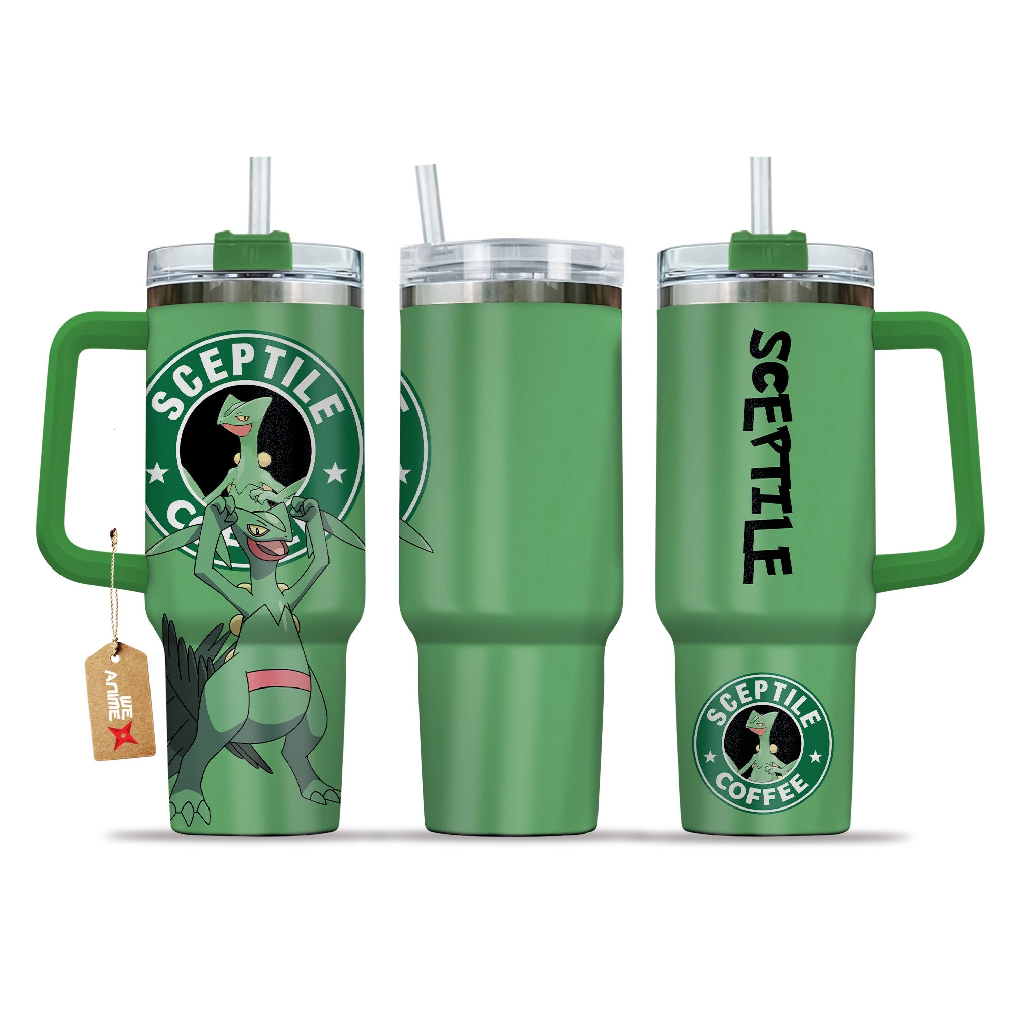 Sceptile Coffee Pokemon Anime Custom 30oz or 40oz Quencher Stainless Steel Tumbler With Handle, Best Gift Idea NVA