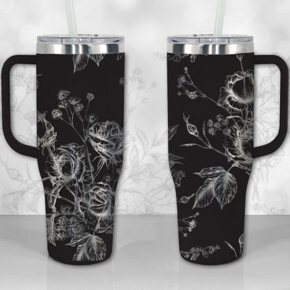 Wild Roses and Flowers Line Art Pattern  30oz or 40oz Tumbler with Handle, Best Gifts NVA