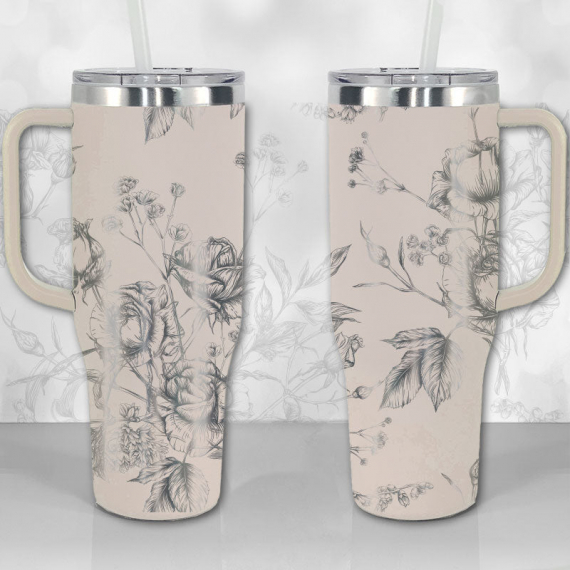 Wild Roses and Flowers Line Art Pattern  30oz or 40oz Tumbler with Handle, Best Gifts NVA